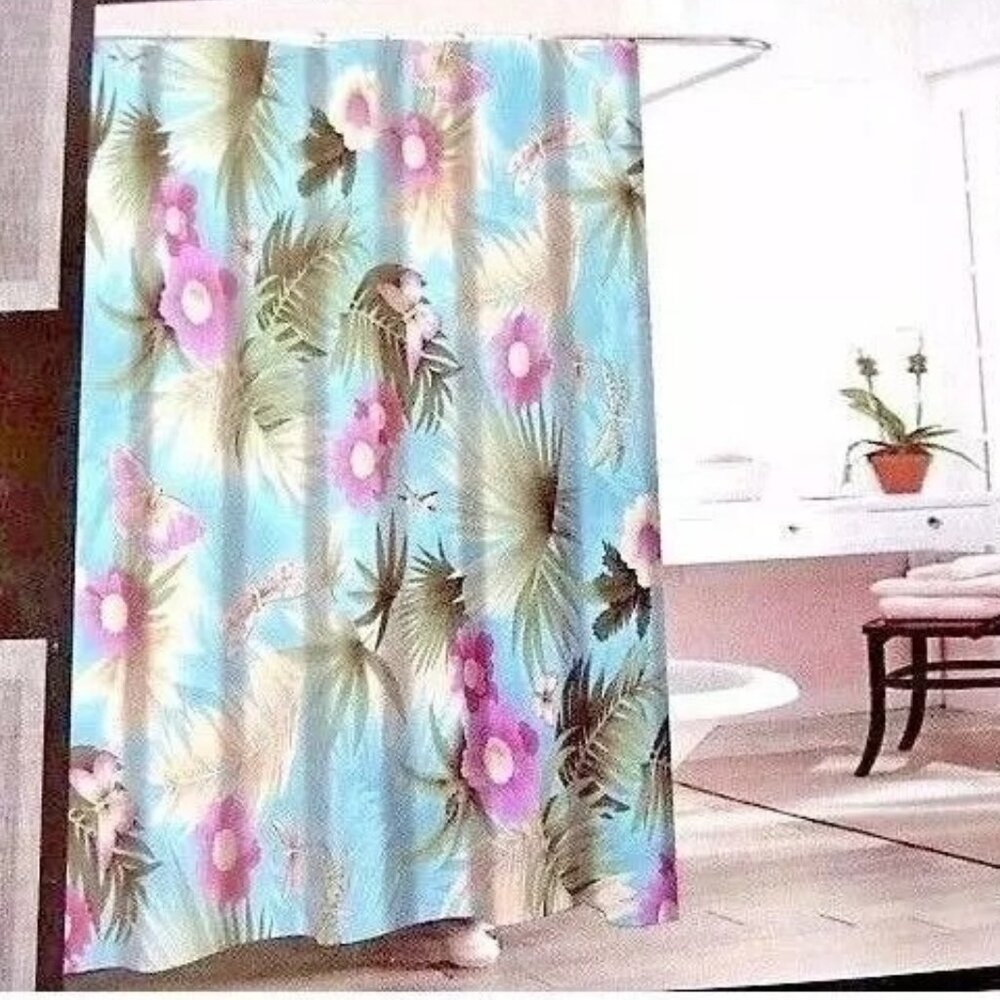 Tropical Butterfly Floral Fabric Shower Curtain 12 Metal Roller Hooks Blue NIP